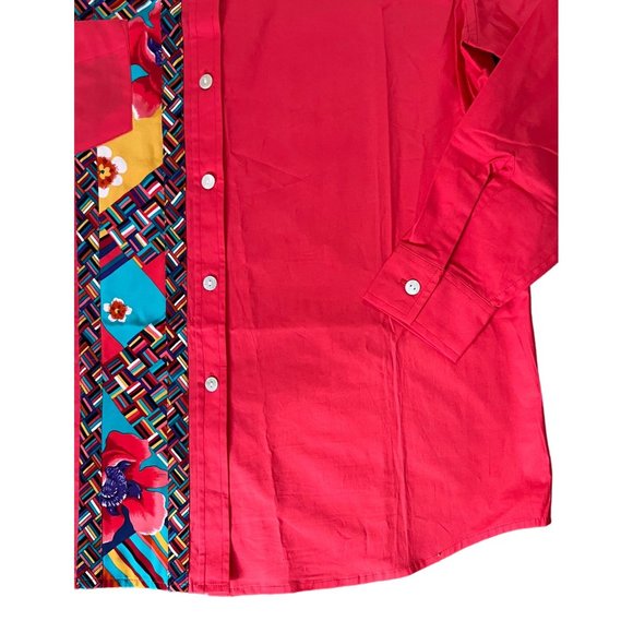 VTG NWT Koos Of Course! M Blouse Shirt Button Up Down Top Red Geo Stretch Artsy - Picture 2 of 4
